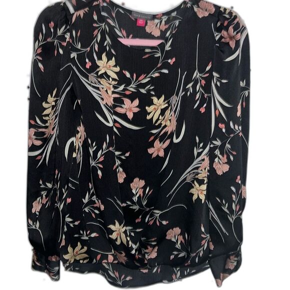 Vince Camuto Blk & Pink Floral, Crewneck, Silky, Bishop Slv w/buttons XXS - Picture 1 of 10